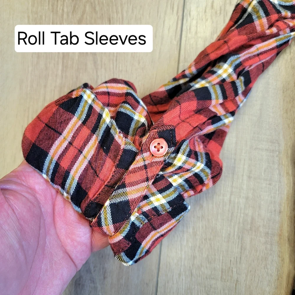 Time‎ & Tru Orange Plaid Flannel Button Up Long Sleeve Roll Tab Size XXL 2XL